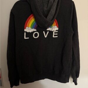Unicorn Embroided Charcoal Fleece Zip Front Hoodie w/ Rainbow, Love Graphic Sz M